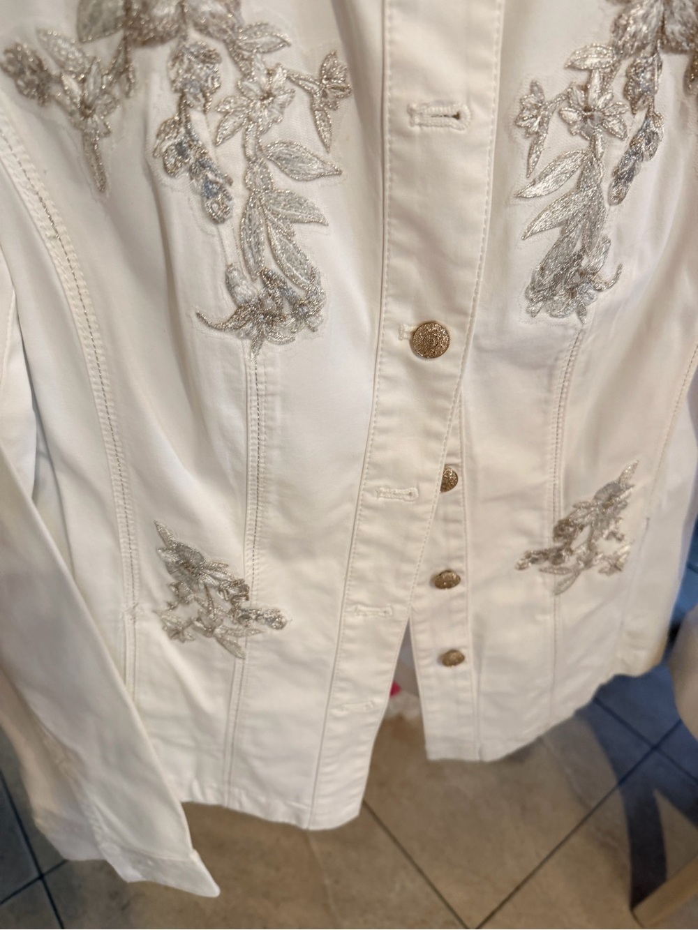 White House Black Market Cream Embroidered Jacket with Gold Buttons